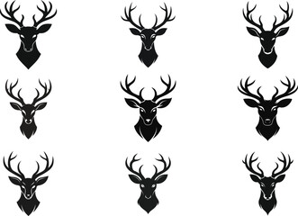 set of black silhouettes of deer head vectors, deer head icon, deer logo vector illustration 
