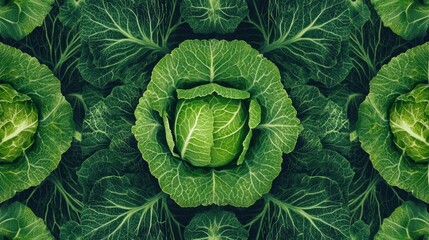 Fototapeta premium Abstract pattern created from overlapping cabbage leaves, symmetrical and artistic, deep green hues, seamless texture