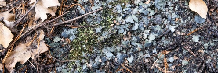 Close-up texture of forest floor with moss, leaves, and pine needles in nature