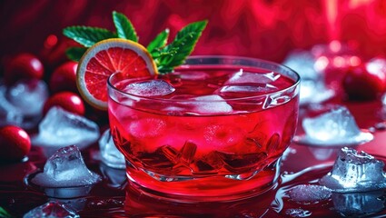 Refreshing Red Cocktail Garnished with Mint and Lemon Served Over Ice in a Stylish Glass Setting on a Vibrant Background.