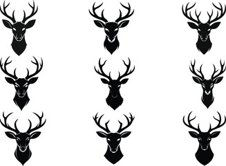 set of black silhouettes of deer head vectors, deer head icon, deer logo vector illustration 