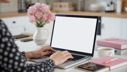 Fototapeta premium Close up photo of a woman using a laptop for work