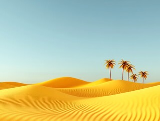 Desert oasis theme park, golden sand, palm trees, Middle Eastern fantasy, 3D illustration