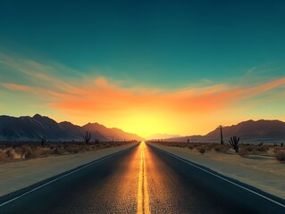 Desert road, endless highway, dramatic sunset, 3D illustration