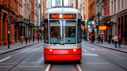 A bustling city intersection with a red tram moving through the frame surrounded by modern buildings and a crowd of people on the sidewalks