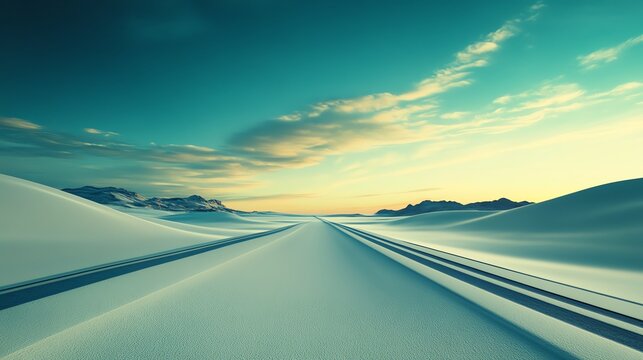 Highway through desert, endless horizon, cinematic feel, 3D illustration