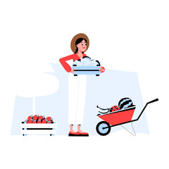 Female Farmer Harvesting Vegetables In Flat Vector Illustration Symbolizing Agriculture, Farming, Organic Produce, And Sustainable Food Production, Isolated On White Background