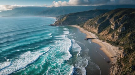Breathtaking aerial view of the coastline showcasing the stunning transition between turquoise ocean waves and sandy shorelines.