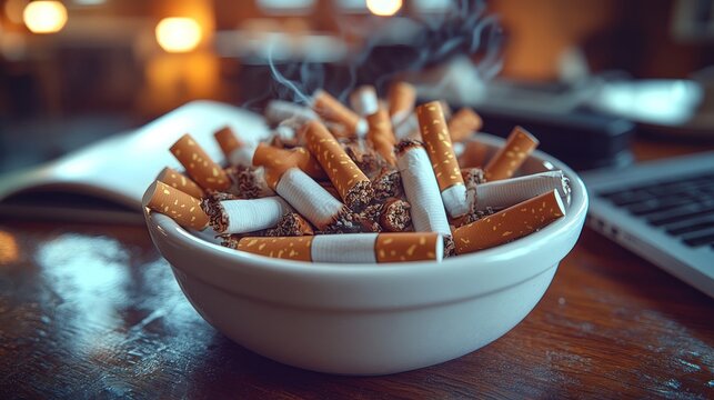 Used cigarettes in bowl, dimly lit room, laptop, bad habit