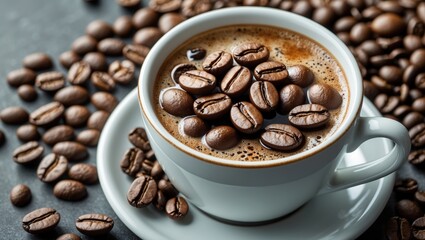 Aromatic coffee cup topped with roasted beans surrounded by fresh coffee beans on a textured surface inviting a rich flavor experience.