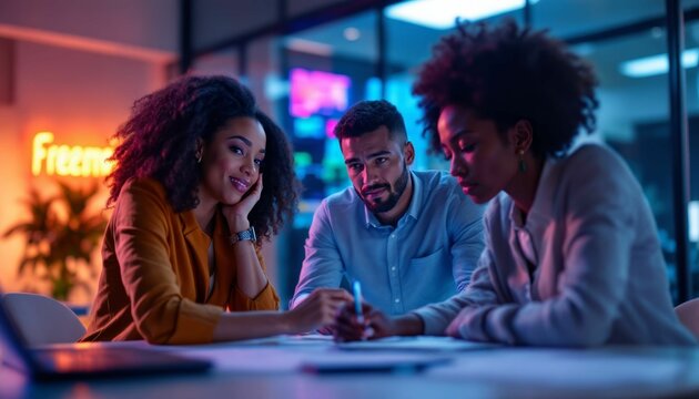 Creative business team collaborates on project in a modern workspace at night