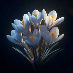 Fototapeta premium Soft light embraces a delicate bouquet of white crocus flowers in a serene setting at dusk, revealing nature's quiet beauty. Generative AI