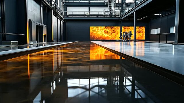 The intense glow of molten steel streams down a chute, casting a fiery reflection on the surrounding steel surfaces, with the clanging of machinery echoing throughout the mill.