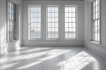 Fototapeta premium Bright, airy room with large windows overlooking a serene water view, showcasing natural light and minimalistic design