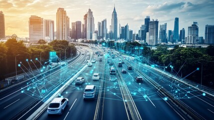 Obraz premium A digital representation of a smart car navigating through a virtual city, analyzing road conditions and traffic patterns.