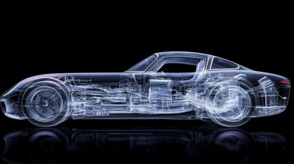 Obraz premium A fully transparent digital twin of a hybrid car revealing the internal mechanics and energy flow.