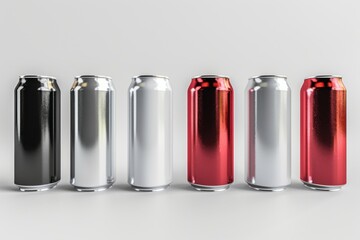 Elegant 3D render of aluminum slim cans in silver, white, black, and red, standing upright on a white background, ideal for beer can mockup templates