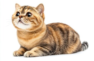 Obraz premium Adorable striped cat with wide eyes against a white background, showcasing playful and curious character, perfect for pet lovers and animal enthusiasts photos.