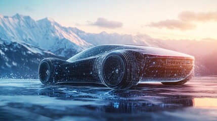 A futuristic car's digital twin undergoing virtual endurance testing in various simulated terrains.