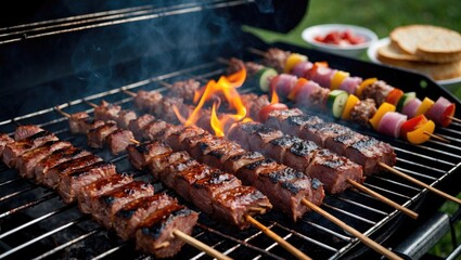Grilled Meat Skewers and Colorful Vegetables on Barbecue for Outdoor Picnic Party
