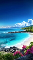 Fototapeta premium Hawaiian beach, volcanic rocks, lush flowers, 3D illustration