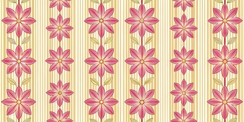 Fototapeta premium Crimson Floral Stripes Repeating Pattern Design