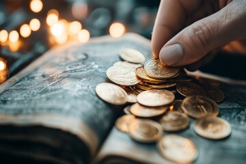 A gothic banker sitting in a dimly lit room, counting gold coins under an old ledger book with ancient financial records