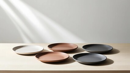 Minimalist Ceramic Plates with Earthy Textures and Muted Tones on Wooden Table, Soft Natural Lighting and White Background  
