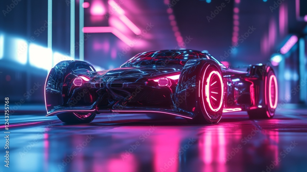 Poster a high-tech digital twin of a futuristic car undergoing real-time performance analysis in a virtual 