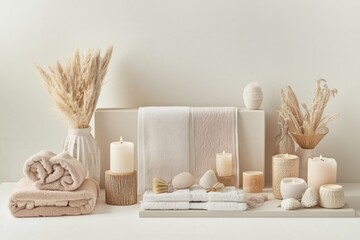 Conjunto de itens de spa com toalhas, velas e elementos decorativos em tons neutros, capturados com luz natural suave, criado com IA generativa.