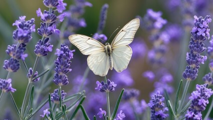 Naklejka premium Delicate white butterfly resting on vibrant lavender flowers in a serene garden setting showcasing nature's beauty and tranquility.