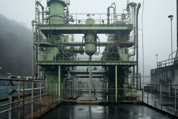 Rain falling on a large industrial plant featuring complex metal pipes, tanks, and structures, creating a dramatic and moody atmosphere
