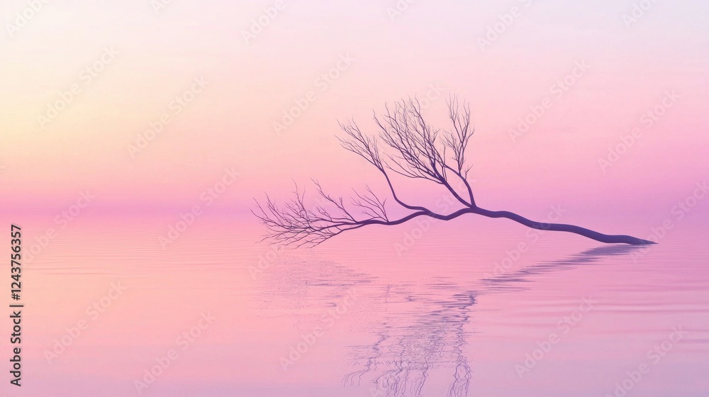 Poster at dusk, delicate branches extend over still waters, mirroring their form in the soft pastel hues of