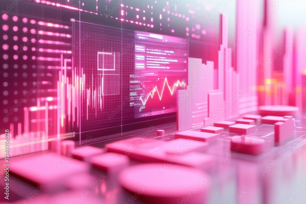 Poster a vibrant digital interface displaying graphs and data visualizations in pink hues, representing ana