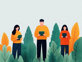 Engaging digital communication among friends in a lush green environment digital art illustration