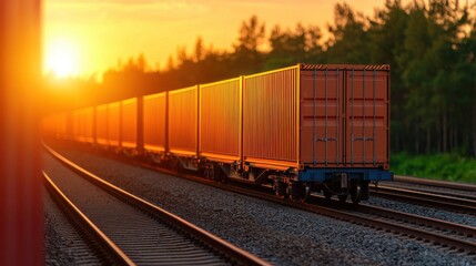 Fototapeta premium Aerial view of a cargo train loaded with shipping containers traveling through a dense forested landscape as the sun sets or rises creating a vibrant warm glow on the horizon