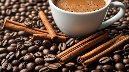 Fototapeta premium Aromatic coffee cup with cinnamon sticks resting on a bed of roasted coffee beans, inviting a warm and cozy ambiance.