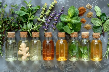 Natural herbal extracts and essential oils in glass bottles with cork stoppers, displayed with fresh aromatic herbs and spices on grey concrete background for wellness and aromatherapy concept.