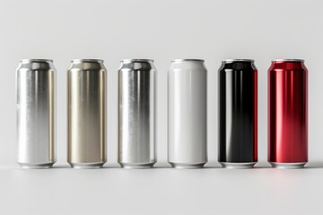 Elegant 3D render of aluminum slim cans in silver, white, black, and red, standing upright on a white background, ideal for beer can mockup templates