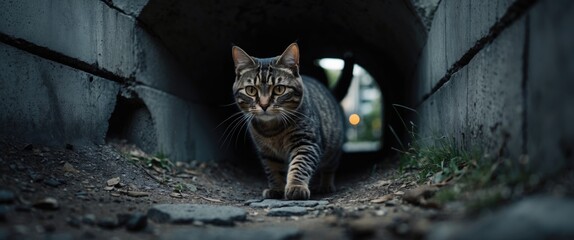 Cautious tabby cat exploring an urban tunnel with bright eyes, showcasing a blend of curiosity and the contrast between nature and city life.
