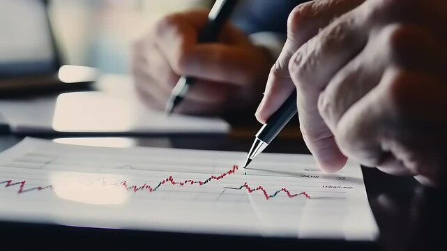 Close-up of a hand annotating a financial graph on a tablet.