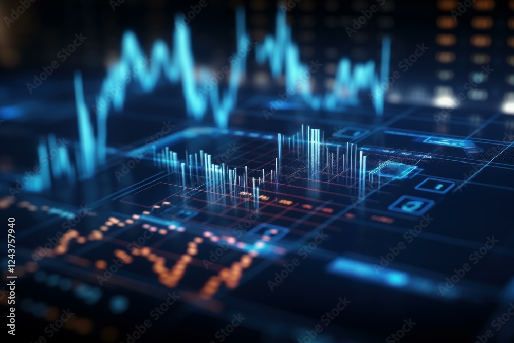Poster glowing charts and data points visualize information on a futuristic interface, representing technol