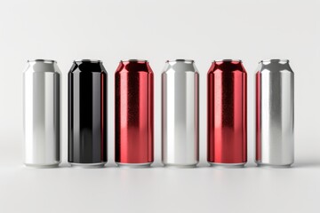 Elegant 3D render of aluminum slim cans in silver, white, black, and red, standing upright on a white background, ideal for beer can mockup templates