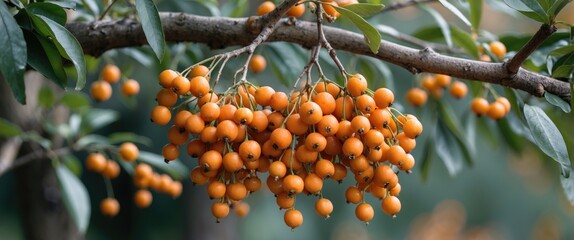Vibrant cluster of orange berries on a tree branch surrounded by lush green leaves in a natural setting.