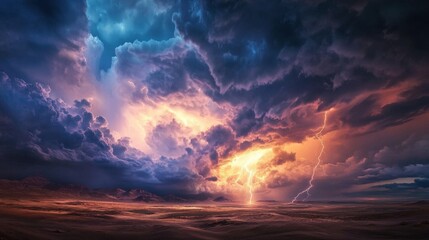 Obraz premium A breathtaking view of a vast desert landscape with a massive thunderstorm approaching, dark swirling clouds, powerful lightning bolts striking the horizon, dramatic contrast of light and shadow