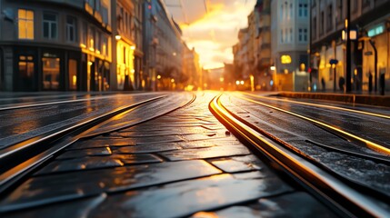 Obraz premium Street with tram tracks, European vibe, nostalgic feel, 3D illustration