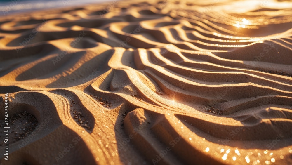 Poster intricate patterns of beach sand illuminated by golden light creating a visually captivating abstrac