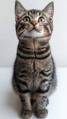 Obraz premium Adorable tabby cat with striking blue eyes and expressive features, sitting upright and looking curiously at the camera against a light backdrop