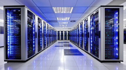 Bright and modern server room with glowing blue racks, ideal for illustrating advanced data management, network infrastructure, and efficient cloud solutions