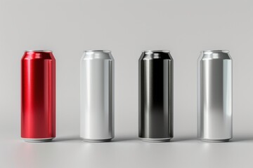 Elegant 3D render of aluminum slim cans in silver, white, black, and red, standing upright on a white background, ideal for beer can mockup templates